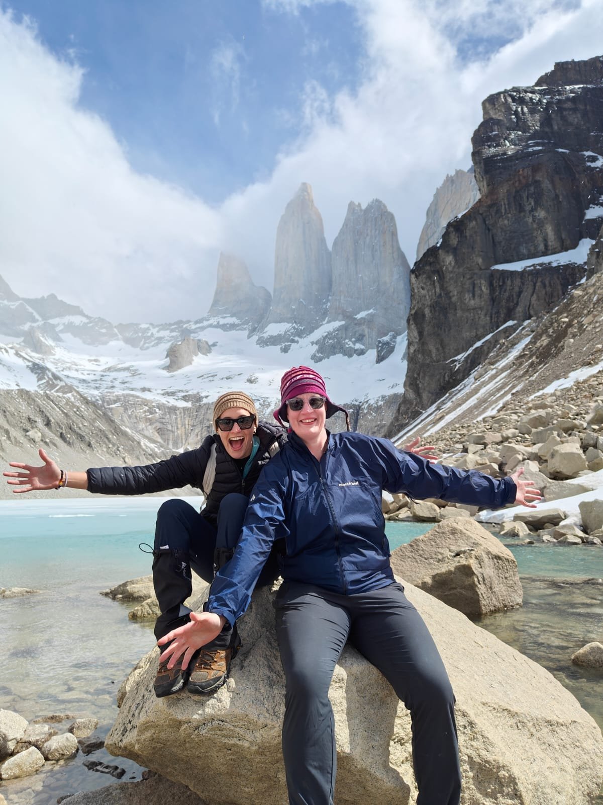 Hikers with the Torres del Paine towers in the background