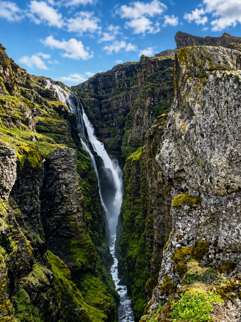 Waterfall and river in a narrow canyon, Iceland